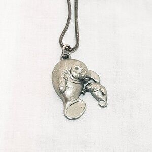 Manatee Mother with Pup Baby Pewter Pendant Metal Necklace 1" Sea Animal